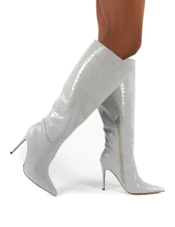 Go Wide Fit Grey Knee High Pointed Toe Stiletto Heeled Boots -Chic Step Shop 0000 GOWF GREY PU