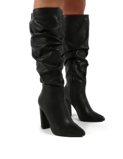 Yours Black Wide Fit PU Heeled Knee High Block Boots