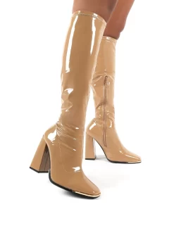 Caryn Camel Vinyl Wide Fit Knee High Heeled Boot -Chic Step Shop 0001 CARYNWF CAMEL PU3