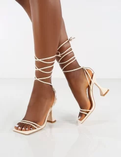 Dymond Off White Lace Up Square Toe Cake Stand Heels -Chic Step Shop 0001 DYMOND WHITE PU 3