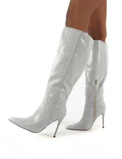 Go Wide Fit Grey Knee High Pointed Toe Stiletto Heeled Boots -Chic Step Shop 0001 GOWF GREY PU3