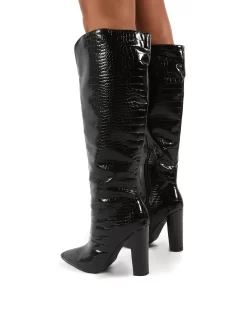 Slow Black Snake Wide Fit Knee High Block Heel Boots -Chic Step Shop 0001 SLOW BLK CROCWFPU2
