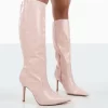 Rosalie Wide Fit Pink Croc Heeled Pointed Toe Knee High Boots