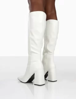 Apology White Pu Knee High Block Heel Boots -Chic Step Shop 000321
