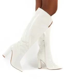 Slow White Snake Wide Fit Knee High Block Heel Boots -Chic Step Shop 0003 SLOWWF WHITE PU