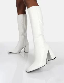 Apology White Pu Knee High Block Heel Boots -Chic Step Shop 000431