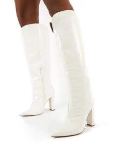 Slow White Snake Wide Fit Knee High Block Heel Boots -Chic Step Shop 0004 SLOWWF WHITE PU3
