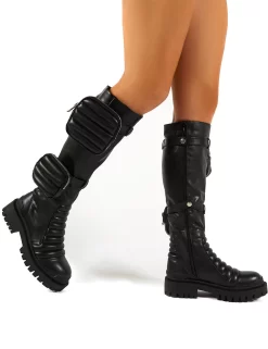 Tayla Black Wide Fit Knee High Pouch Boots -Chic Step Shop 0004 TAYLOR BLK PU 459d156f 038a 447a 8003 7f13ee4455c4