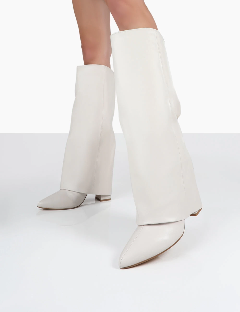 Zendaya Ecru Pointed Toe Knee High Block Boots 2 Zendaya Ecru Pointed Toe Knee High Block Boots - Image 2