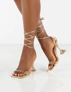 Dymond Gold Metallic Lace Up Square Toe Cake Stand Heels -Chic Step Shop 0005 DYMOND GOLD PU 3