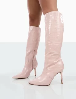 Rosalie Wide Fit Pink Croc Heeled Pointed Toe Knee High Boots -Chic Step Shop 00062 9fc6ba1a ced0 4470 9e70 940ae8648a51