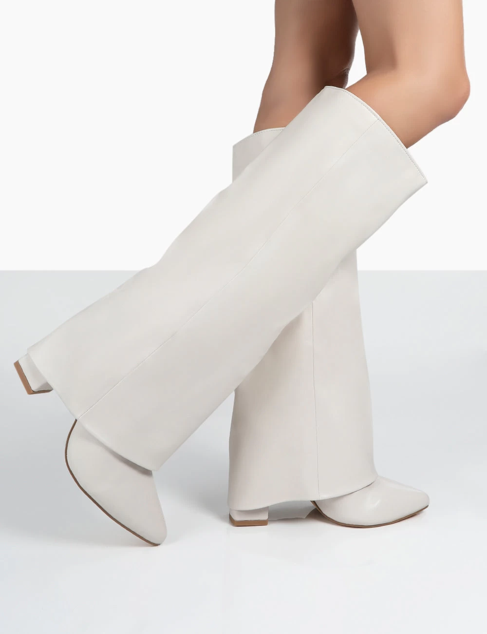 Zendaya Ecru Pointed Toe Knee High Block Boots 4 Zendaya Ecru Pointed Toe Knee High Block Boots - Image 4