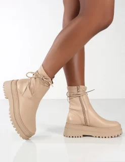 Finale Wide Fit Nude Chunky Sole Ankle Wrap Boots -Chic Step Shop 0007 FINALE NUDE PU