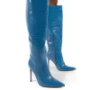 Go Wide Fit Blue Knee High Pointed Toe Stiletto Heeled Boots
