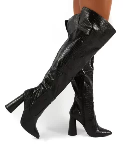 Hometown Wide Fit Black Croc Over The Knee Heeled Boots -Chic Step Shop 0008 HOMETOWN BLK PU c7635997 2d4d 4784 80a4 77daed238cc0