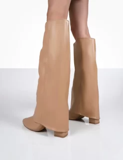 Zendaya Nude Pointed Toe Knee High Block Boots -Chic Step Shop 00093