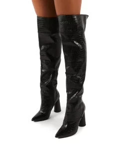 Hometown Wide Fit Black Croc Over The Knee Heeled Boots -Chic Step Shop 0009 HOMETOWN BLK PU3 f75f2f5f a378 4b83 8bed ecf031ae20a9