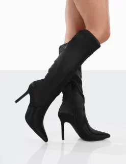 Best Believe Black Satin Pointed Toe Stiletto Heeled Knee High Boots -Chic Step Shop 00121 813646f4 ebab 4be4 8f46 25164b4ad529