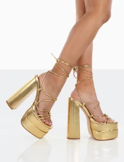 Glow Girl Gold PU Lace Up Platform High Heels -Chic Step Shop 0012 01b66871 3fed 491c af7a e0f3e199d8b5
