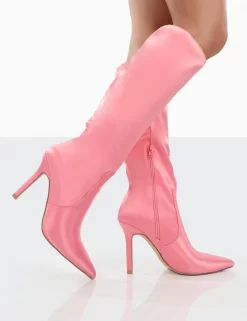 Best Believe Pink Satin Pointed Toe Stiletto Heeled Knee High Boots 7 Best Believe Pink Satin Pointed Toe Stiletto Heeled Knee High Boots -Chic Step Shop 00132