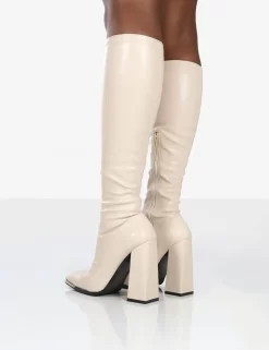 Caryn Stone PU Knee High Block Heeled Boots -Chic Step Shop 0014