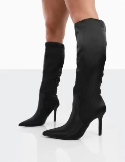 Best Believe Black Satin Pointed Toe Stiletto Heeled Knee High Boots -Chic Step Shop 00151 784e0049 ee63 4973 8a53 0d9dfc0a4be8