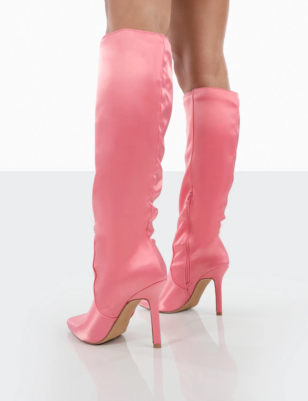 Best Believe Pink Satin Pointed Toe Stiletto Heeled Knee High Boots 2 Best Believe Pink Satin Pointed Toe Stiletto Heeled Knee High Boots - Image 2