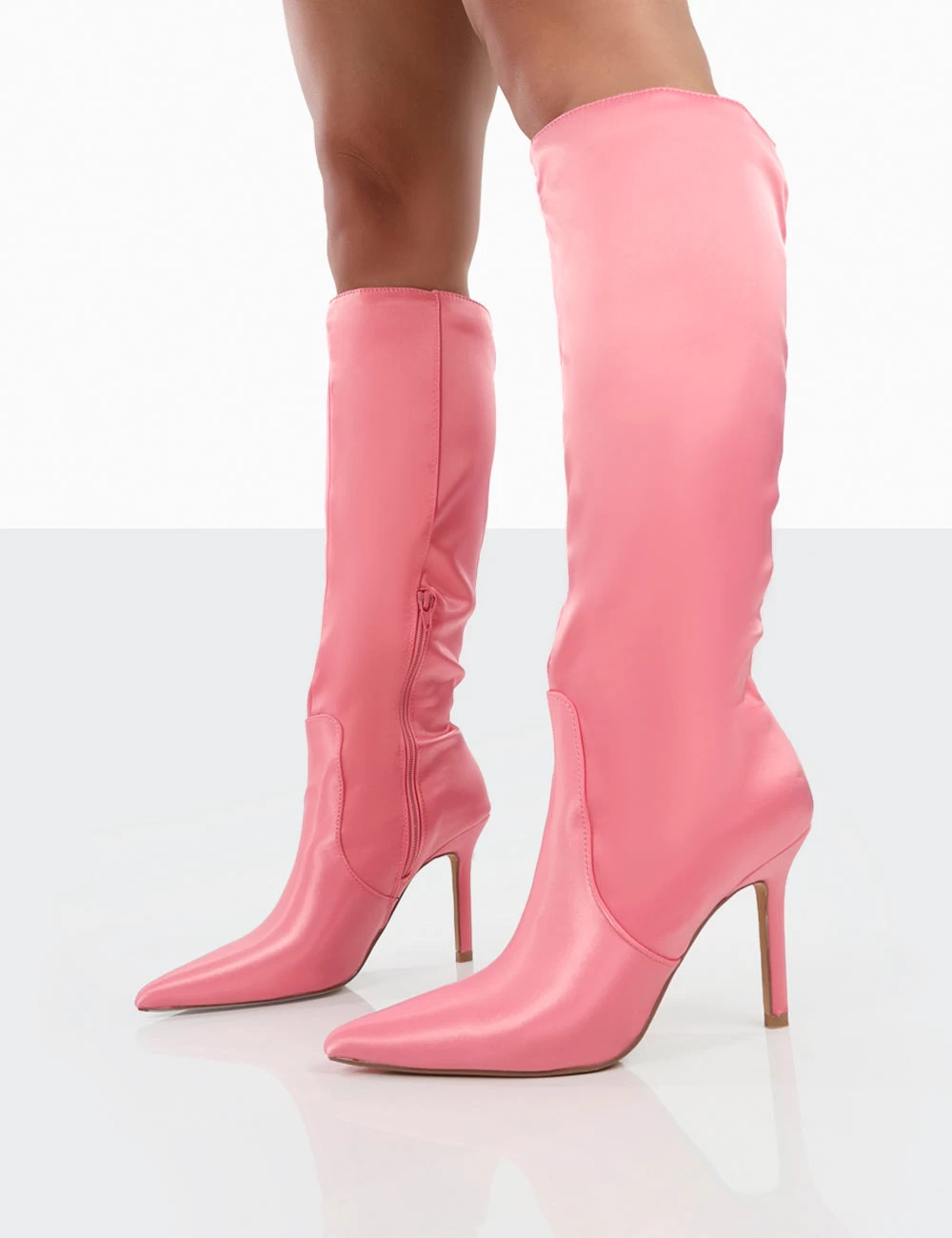 Best Believe Pink Satin Pointed Toe Stiletto Heeled Knee High Boots 3 Best Believe Pink Satin Pointed Toe Stiletto Heeled Knee High Boots - Image 3