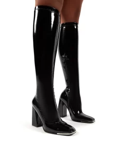 Caryn Black Vinyl Wide Fit Block Heeled Knee High Boots