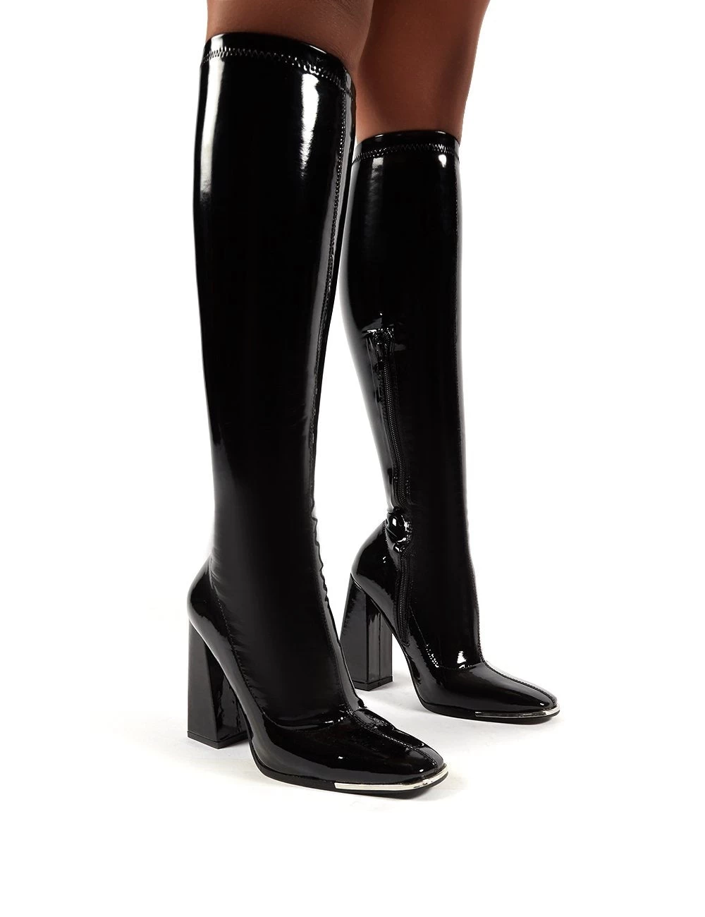 Caryn Black Vinyl Wide Fit Block Heeled Knee High Boots 1 Caryn Black Vinyl Wide Fit Block Heeled Knee High Boots