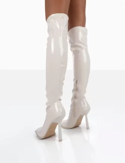 Jenine Ecru Patent Over The Knee Stiletto Heeled Boots -Chic Step Shop 0072