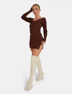 Knitted Off Shoulder Mini Dress Chocolate -Chic Step Shop 02.09KAIIANEW01281Jan1320171copy