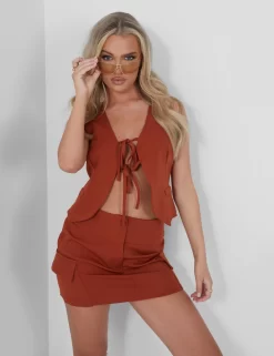 Tailored Tie Front Detail Waistcoat Rust