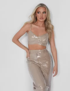 Sequin Bralet Crop Top Nude