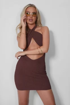 Scrunch Halter Wrap Ruched Beach Dress Chocolate -Chic Step Shop 05.07rebekah2065 scaled