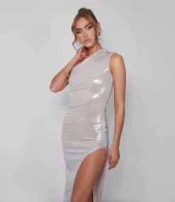 One Shoulder Ruched Metallic Midi Dress With Split Champagne 8 One Shoulder Ruched Metallic Midi Dress With Split Champagne -Chic Step Shop 08.06annabel0147 scaled