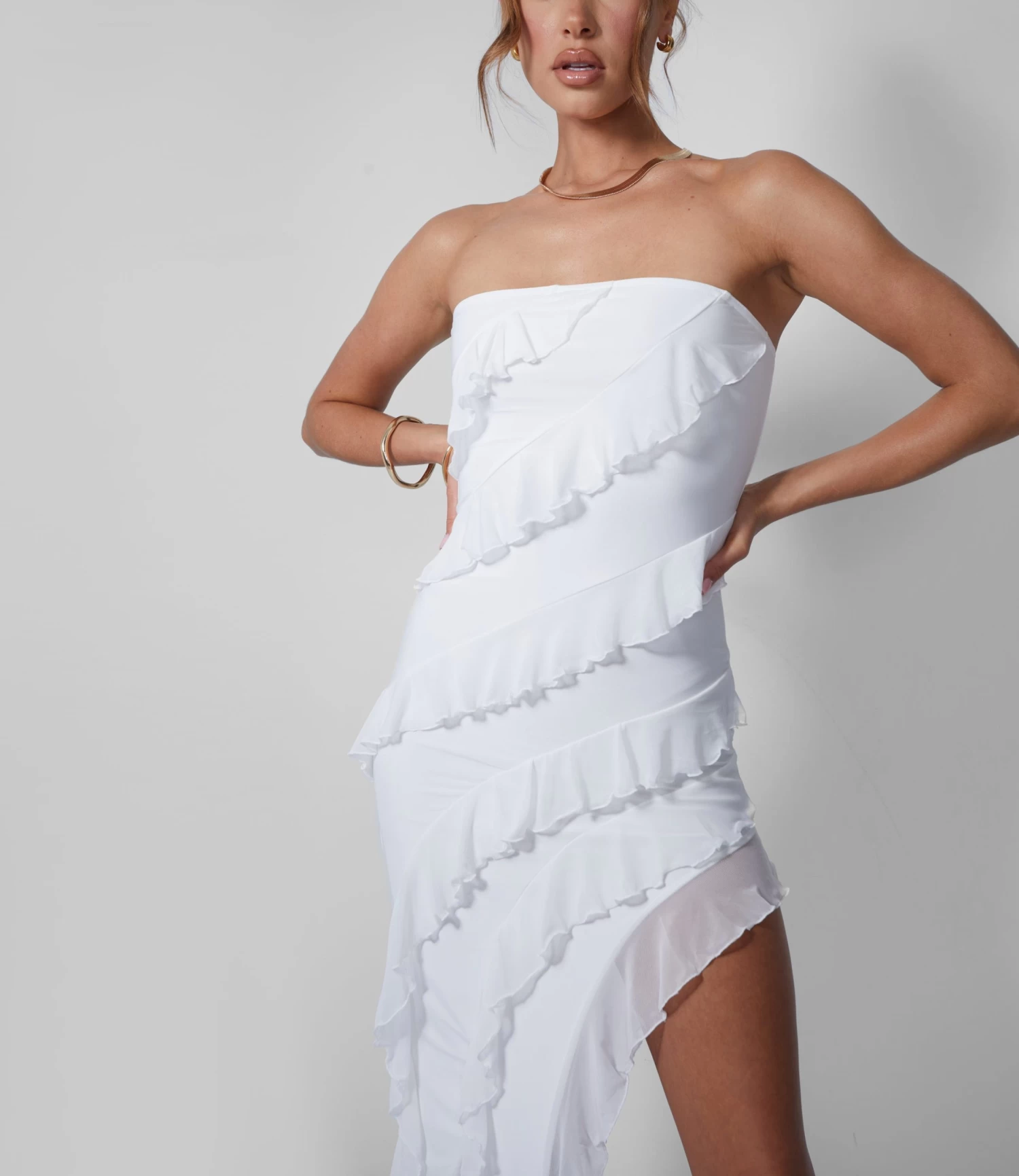 Frill Detail Asymmetric Midaxi Dress White 2 Frill Detail Asymmetric Midaxi Dress White - Image 2