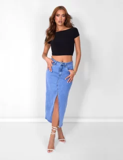 Public Desire Split Front Longline Denim Skirt Blue Wash