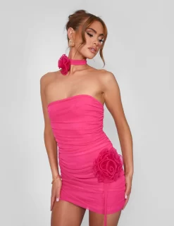 Rose Detail Bandeau Mesh Mini Dress Hot Pink -Chic Step Shop 08.06annabel07461 scaled