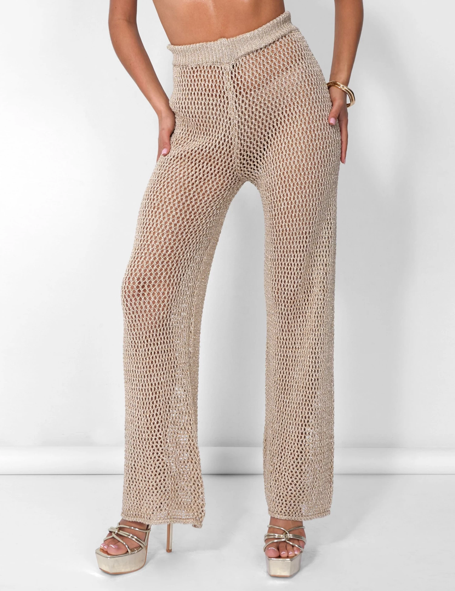 Crochet Beach Trousers High Waisted Wide Leg Metallic Thread Gold 3 Crochet Beach Trousers High Waisted Wide Leg Metallic Thread Gold - Image 3