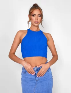 Public Desire Knitted Ribbed Racer Top Cobalt Blue