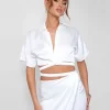 Strappy Cropped Satin Shirt Cream