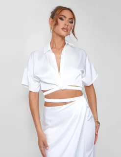 Strappy Cropped Satin Shirt Cream
