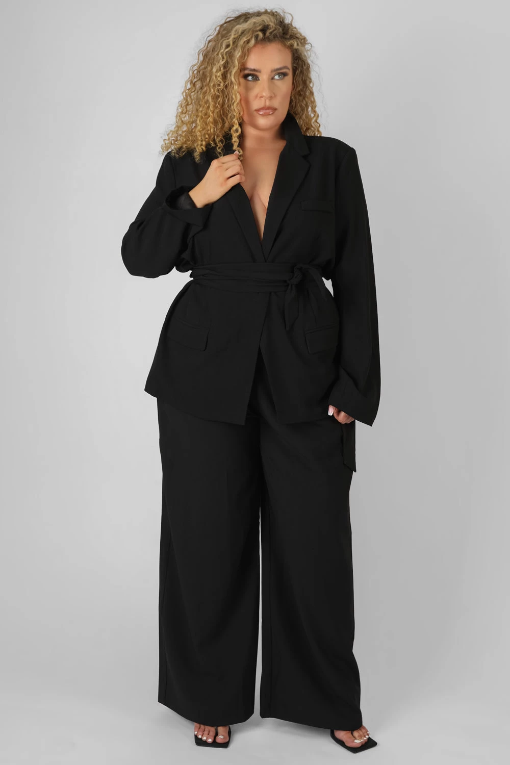 Curve Premium Tie Waist Wide Leg Trousers Black 2 Curve Premium Tie Waist Wide Leg Trousers Black - Image 2