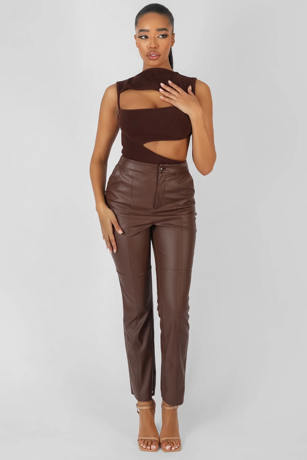 Asymmetric Cut Away Bodysuit Chocolate 2 Asymmetric Cut Away Bodysuit Chocolate - Image 2