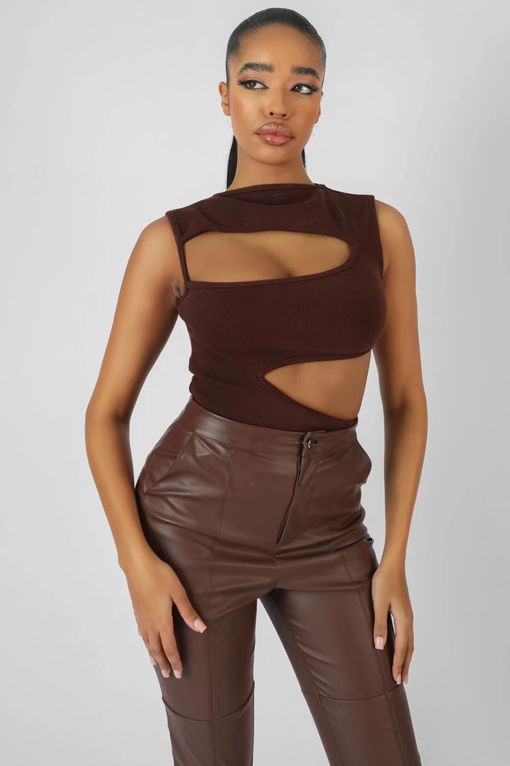 Asymmetric Cut Away Bodysuit Chocolate 1 Asymmetric Cut Away Bodysuit Chocolate