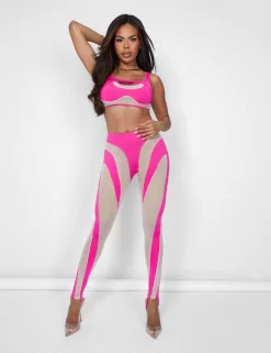 Mesh Illusion Insert Sleeveless Crop Top Hot Pink