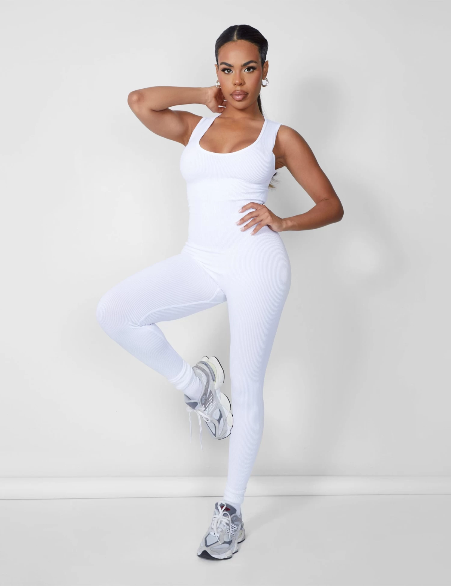 Seamless V Front Sleeveless Unitard White 1 Seamless V Front Sleeveless Unitard White