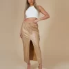 Faux Leather Pocket Detail Cargo Maxi Skirt Camel