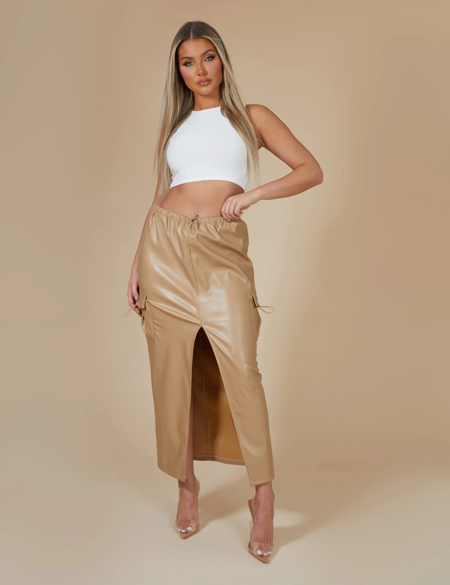 Faux Leather Pocket Detail Cargo Maxi Skirt Camel 1 Faux Leather Pocket Detail Cargo Maxi Skirt Camel